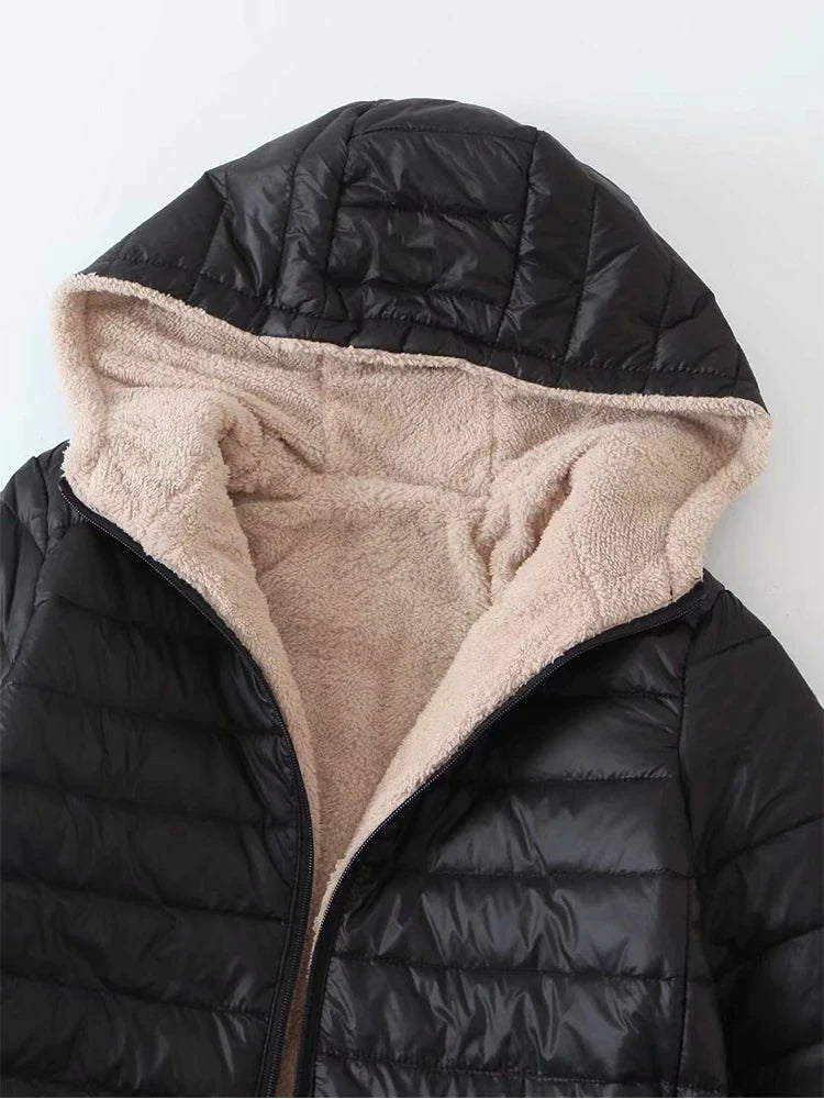 AMEHE Women's Hooded Mid-Length Fleece-Lined Winter Coat