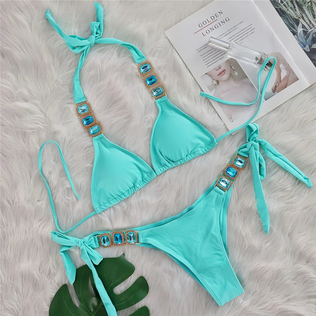 AMEHE Rhinestone Halter Two-Piece Bikini Swimsuit