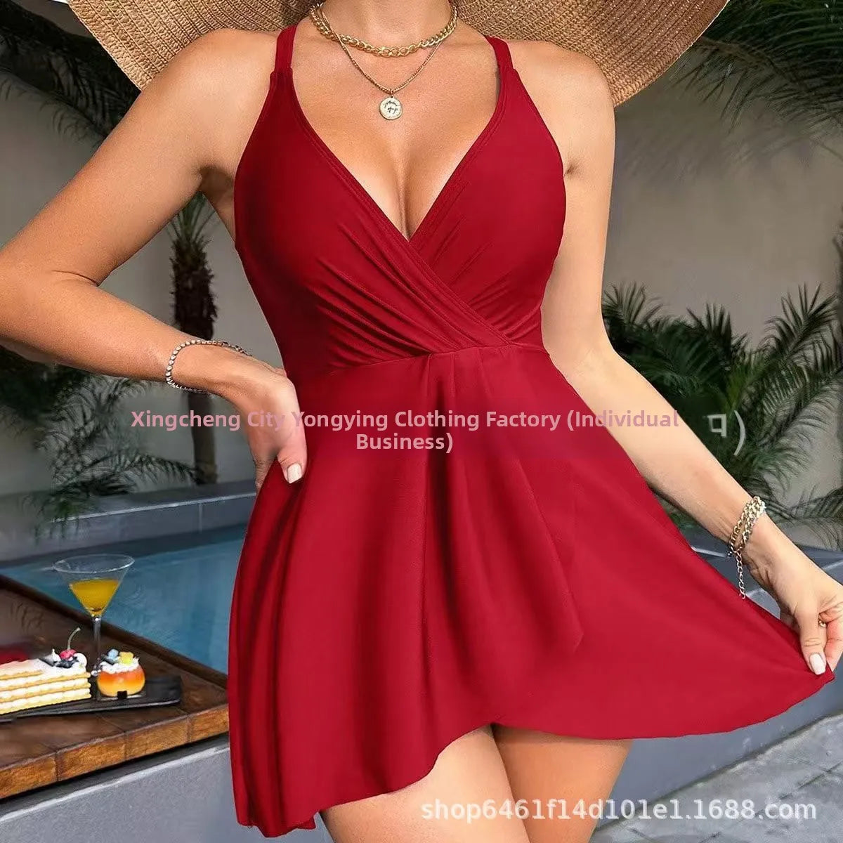 AMEHE Solid Color Cross-Back Waist-Cinched One-Piece Swimsuit Dress