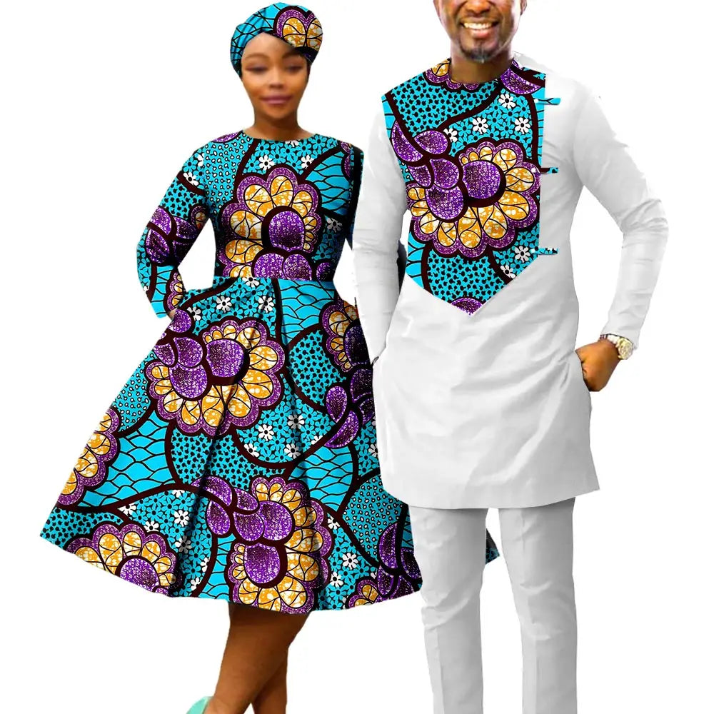 African Matching Couple Outfits – Women’s Print Dress & Headwrap with Men’s