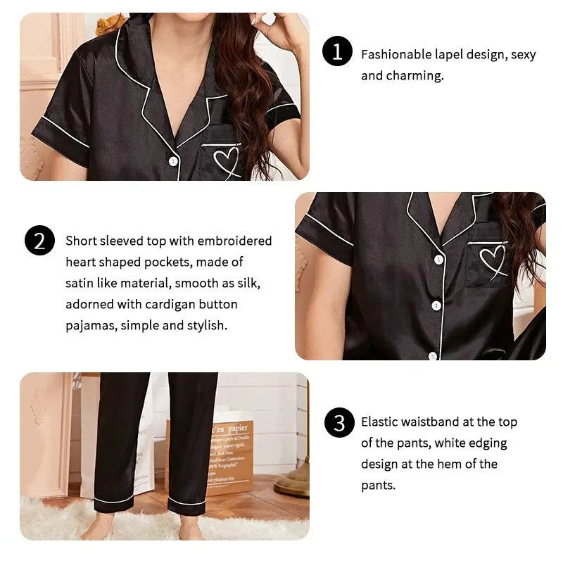 AMEHE Women's Satin Heart Embroidered Button-Up Pajama Lounge Set