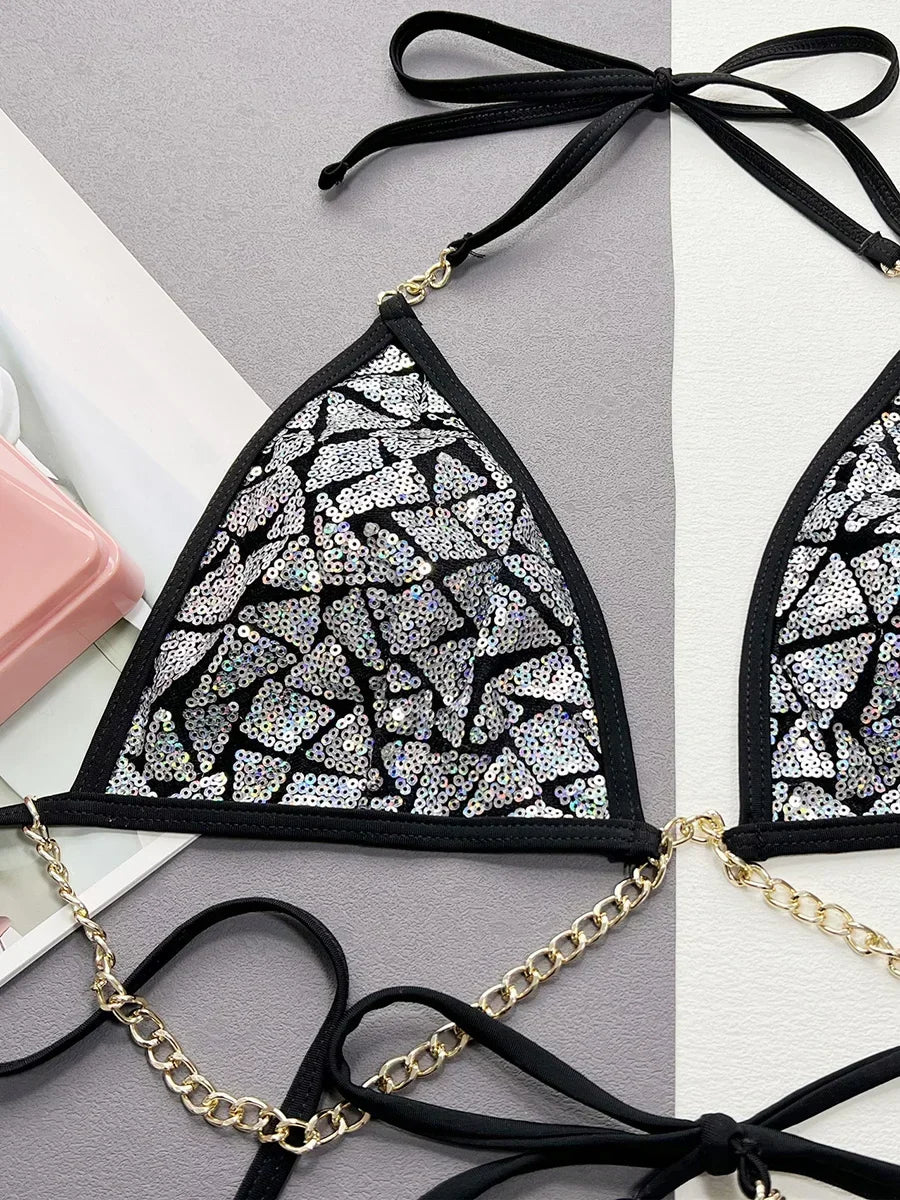 AMEHE Sequin Halter Bikini with Metal Chain Accents