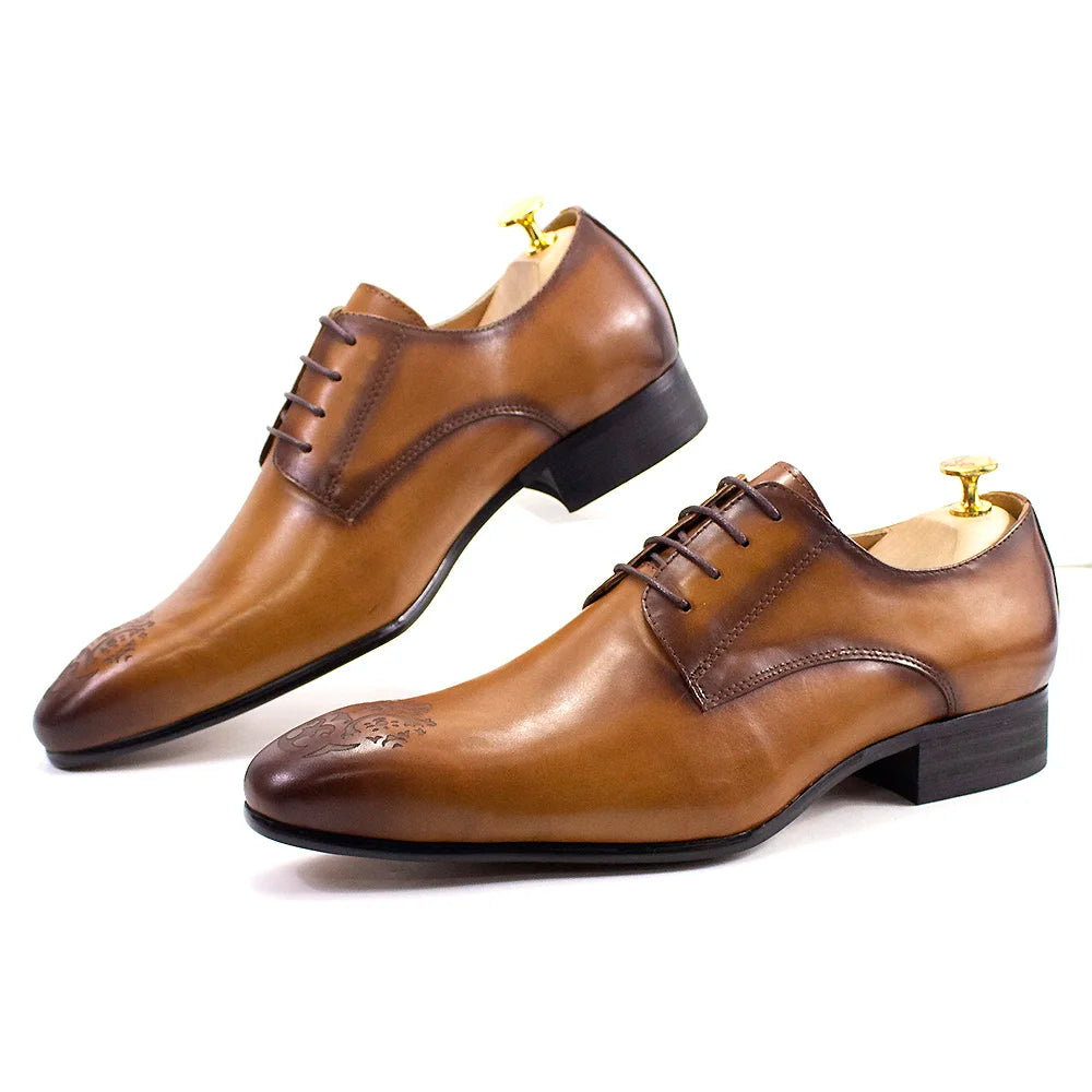 Elegant Men’s Oxford Derby Shoes – Genuine Leather, Pointed Toe