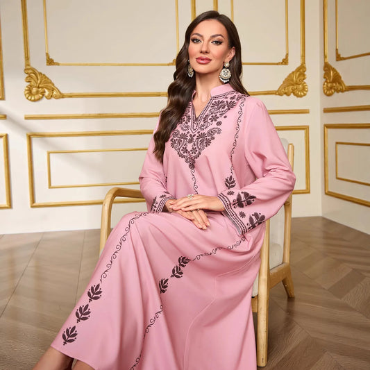 Women’s Printed Dubai-Inspired Abaya Robe – Elegant V-Neck Long Modest Dress