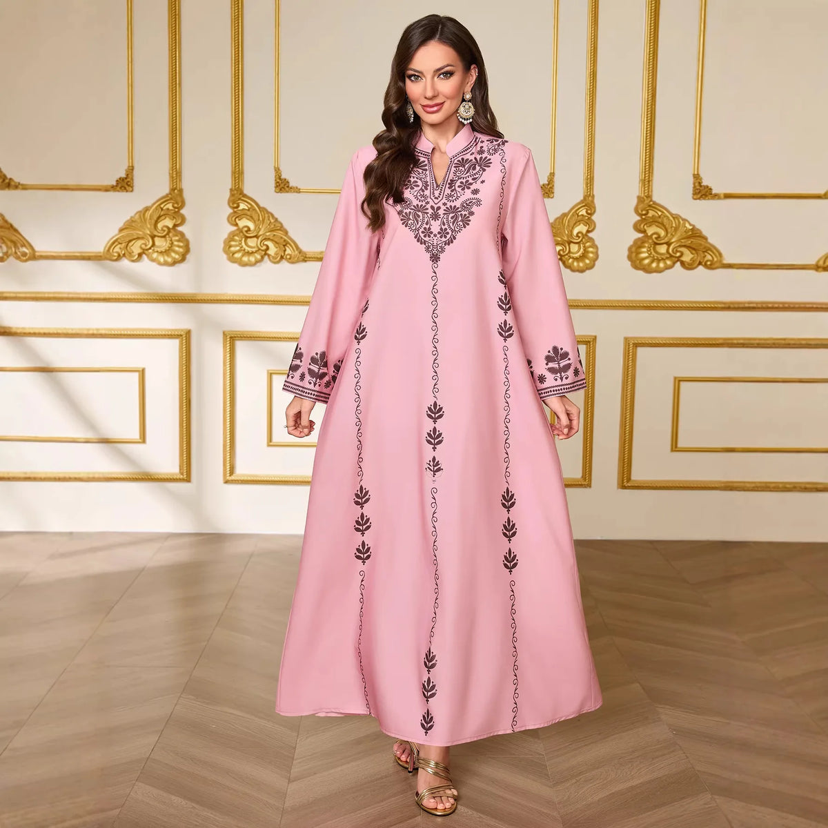 Women’s Printed Dubai-Inspired Abaya Robe – Elegant V-Neck Long Modest Dress