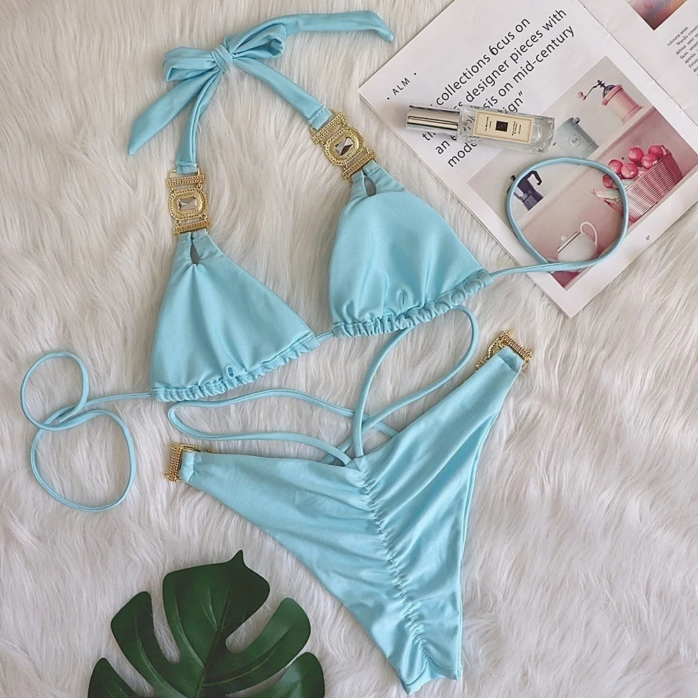 AMEHE Luxury Rhinestone Crystal Two-Piece Thong Bikini Swimsuit