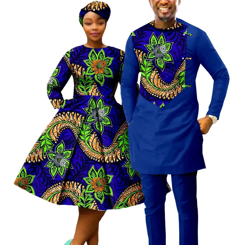 African Matching Couple Outfits – Women’s Print Dress & Headwrap with Men’s