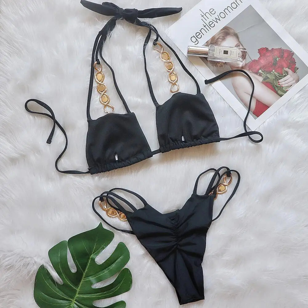 AMEHE Luxury Rhinestone Crystal Two-Piece Thong Bikini Swimsuit
