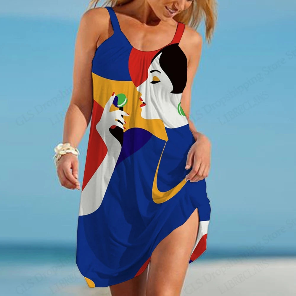 Women’s African Face Print Mini Sundress – Sleeveless Bohemian Beach Dress