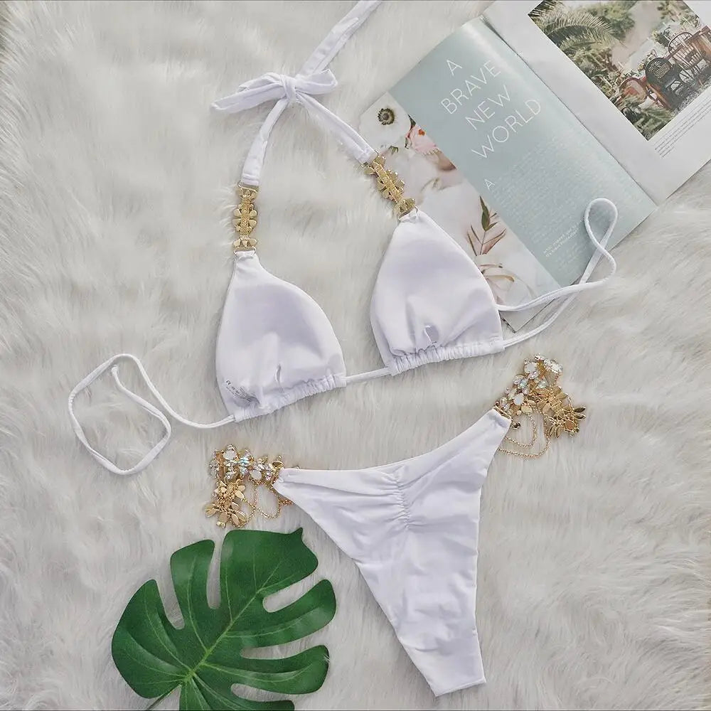 AMEHE Luxury Rhinestone Crystal Two-Piece Thong Bikini Swimsuit