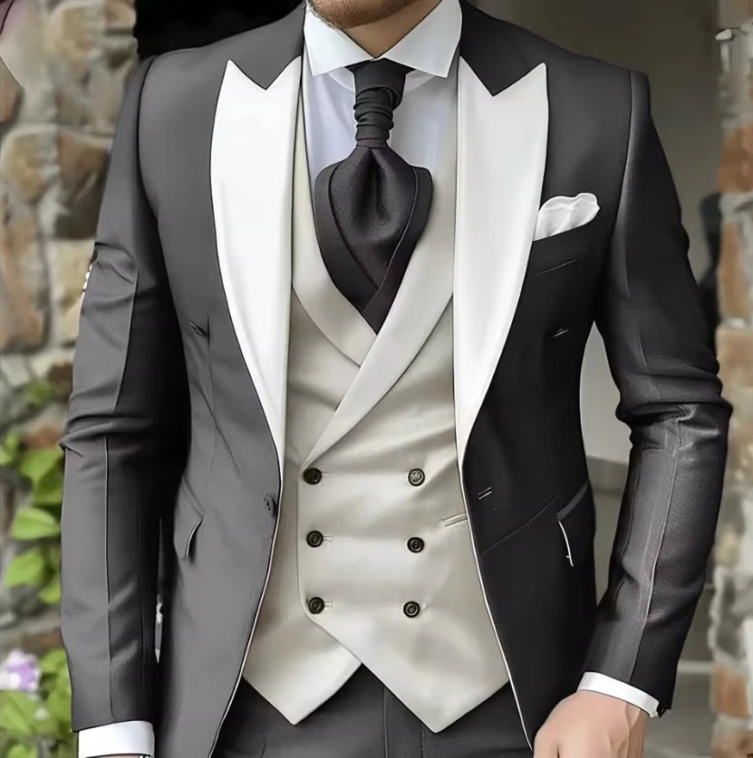 AMEHE Men’s White 3-Piece Tuxedo Suit – Blazer, Vest & Pants