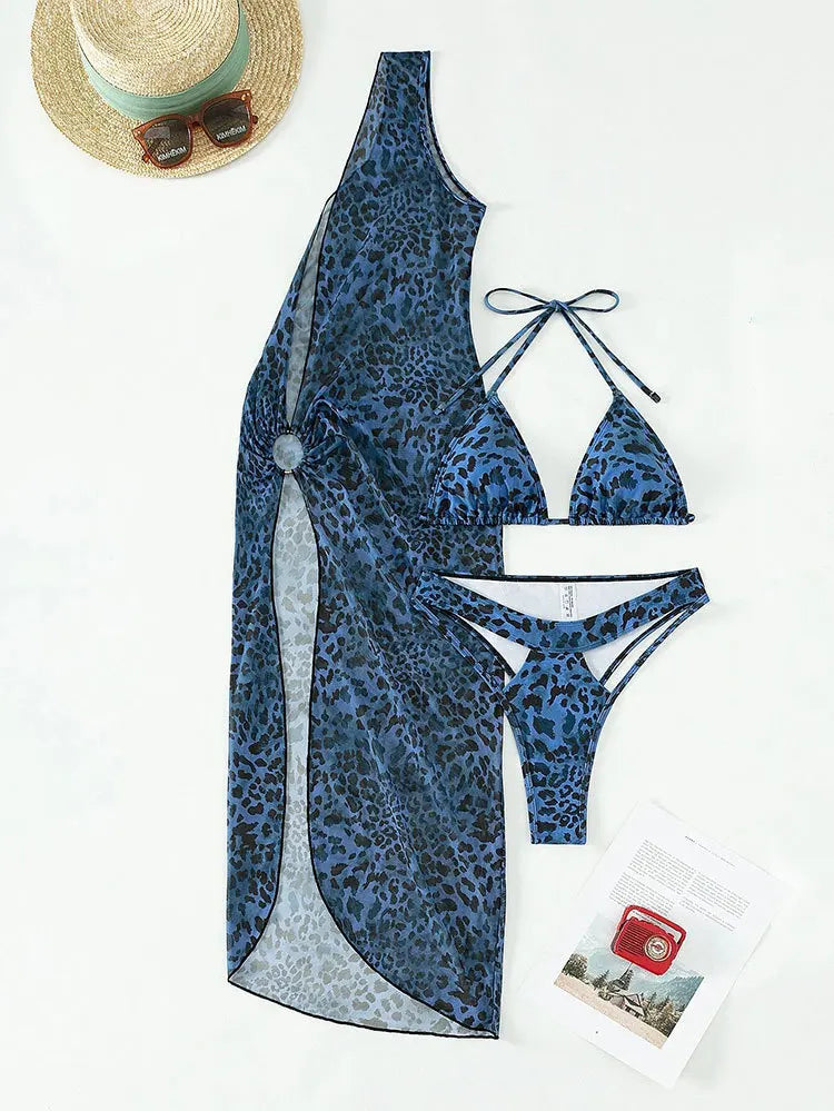 AMEHE 3-Piece Leopard Print Bikini with Mesh Beach Skirt